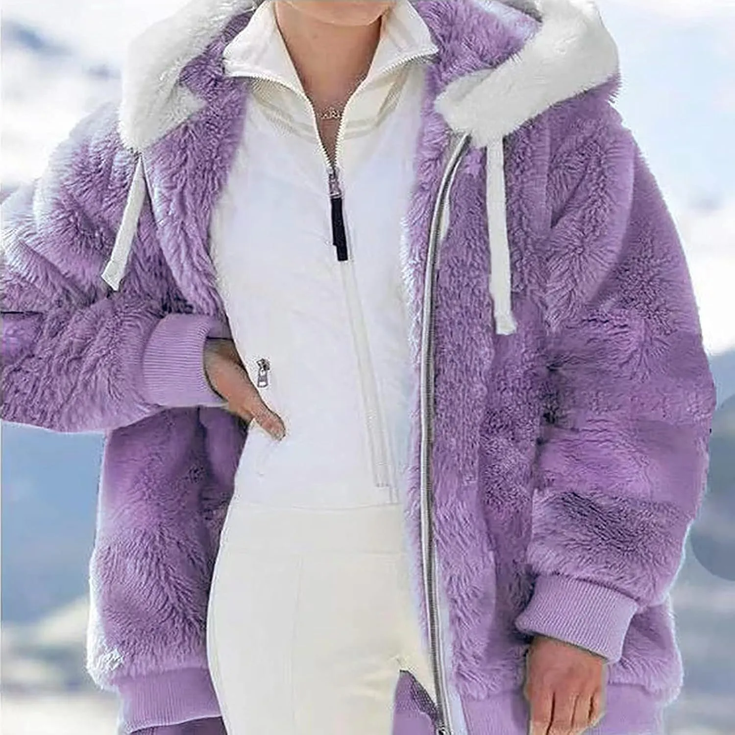 Winter Coats for Women Fuzzy Fleece Jacket Zipper Hooded Color Block Patchwork Cardigan Sherpa Outerwear with Pocket
