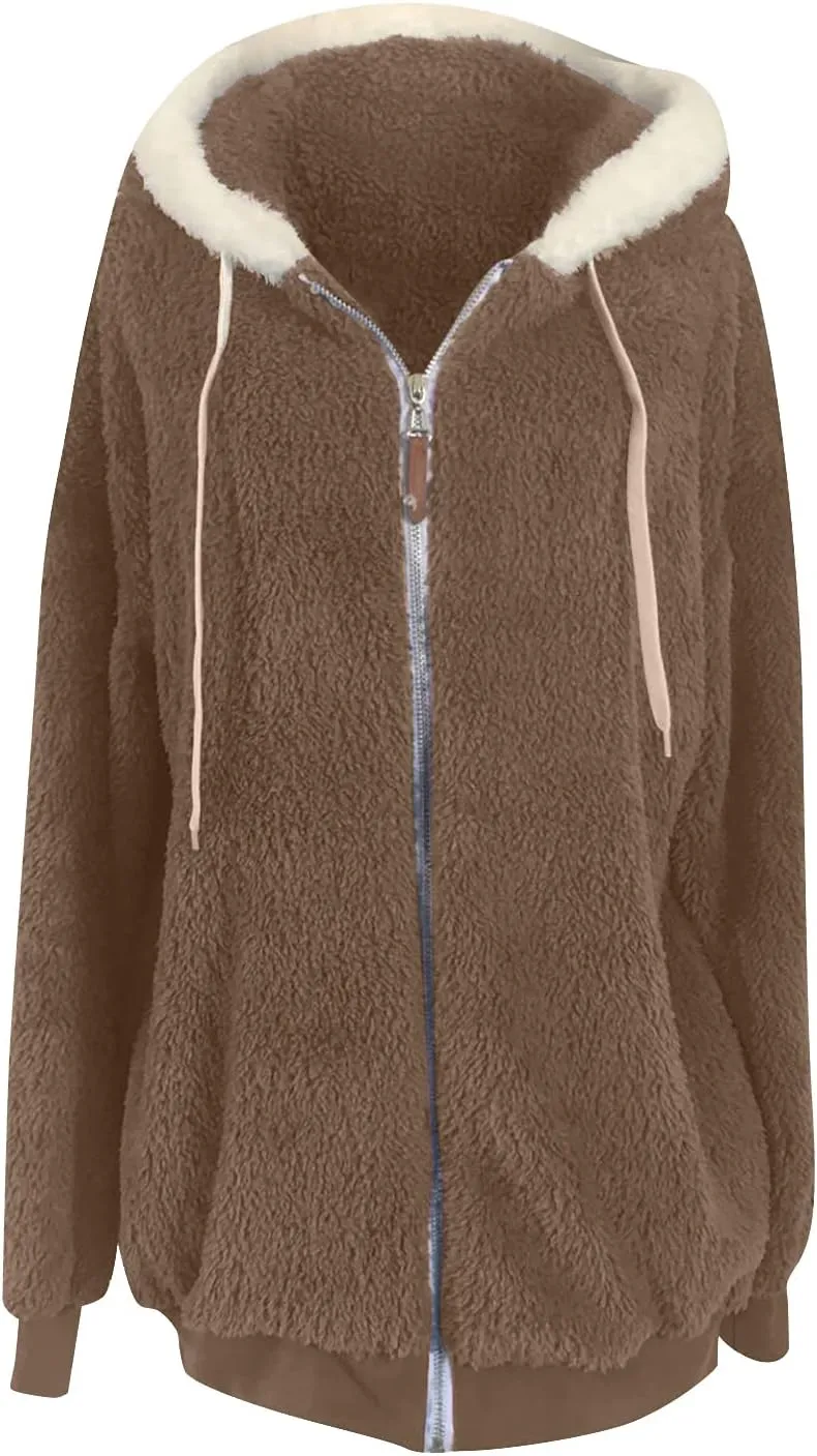 Winter Coats for Women Fuzzy Fleece Jacket Zipper Hooded Color Block Patchwork Cardigan Sherpa Outerwear with Pocket