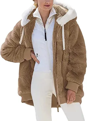 Winter Coats for Women Fuzzy Fleece Jacket Zipper Hooded Color Block Patchwork Cardigan Sherpa Outerwear with Pocket