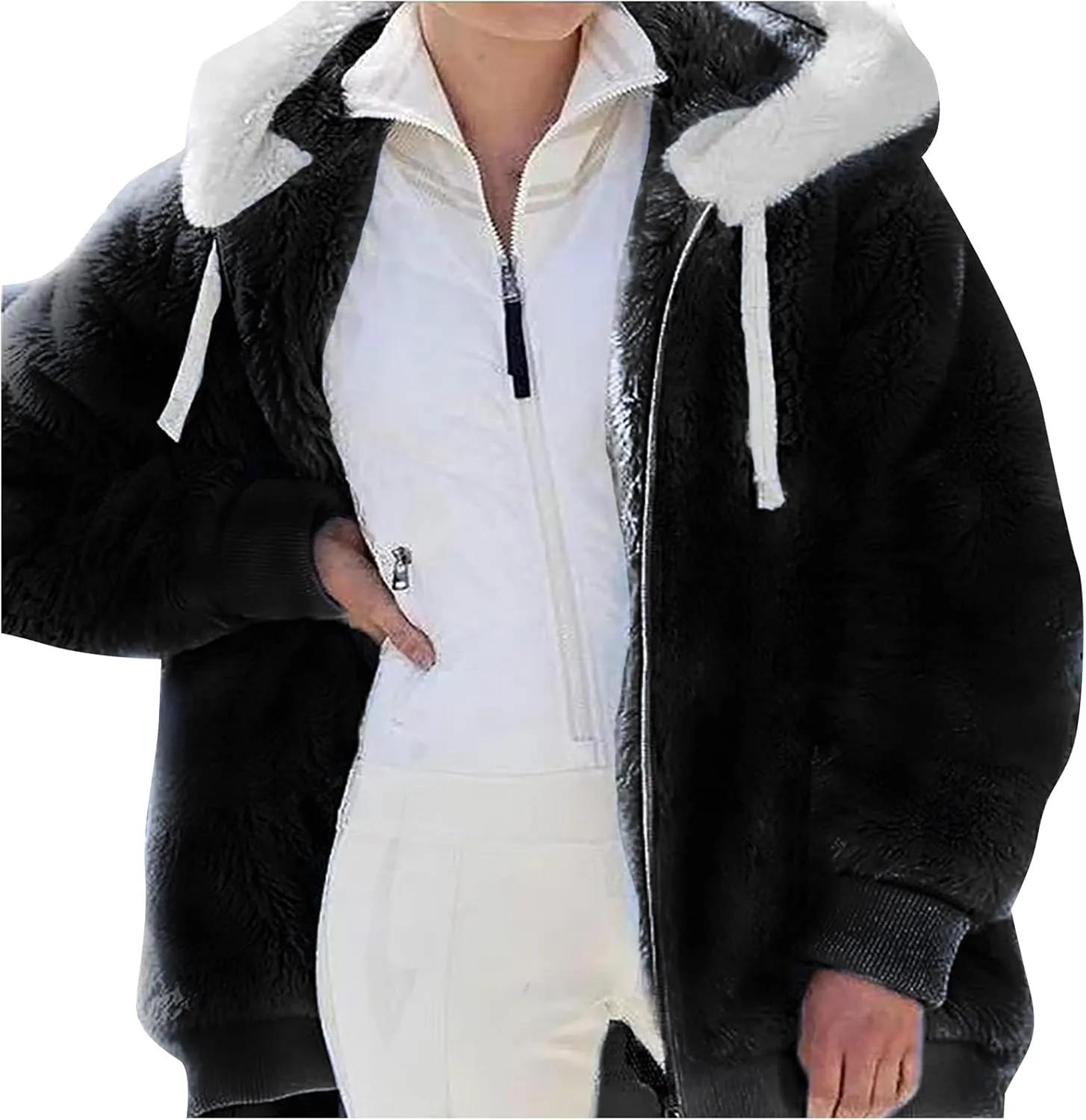 Winter Coats for Women Fuzzy Fleece Jacket Zipper Hooded Color Block Patchwork Cardigan Sherpa Outerwear with Pocket