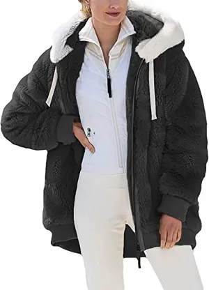 Winter Coats for Women Fuzzy Fleece Jacket Zipper Hooded Color Block Patchwork Cardigan Sherpa Outerwear with Pocket