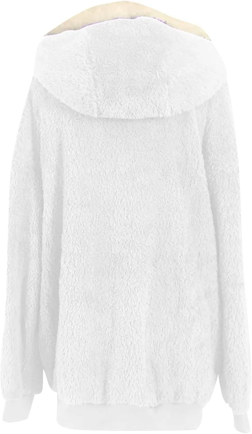 Winter Coats for Women Fuzzy Fleece Jacket Zipper Hooded Color Block Patchwork Cardigan Sherpa Outerwear with Pocket