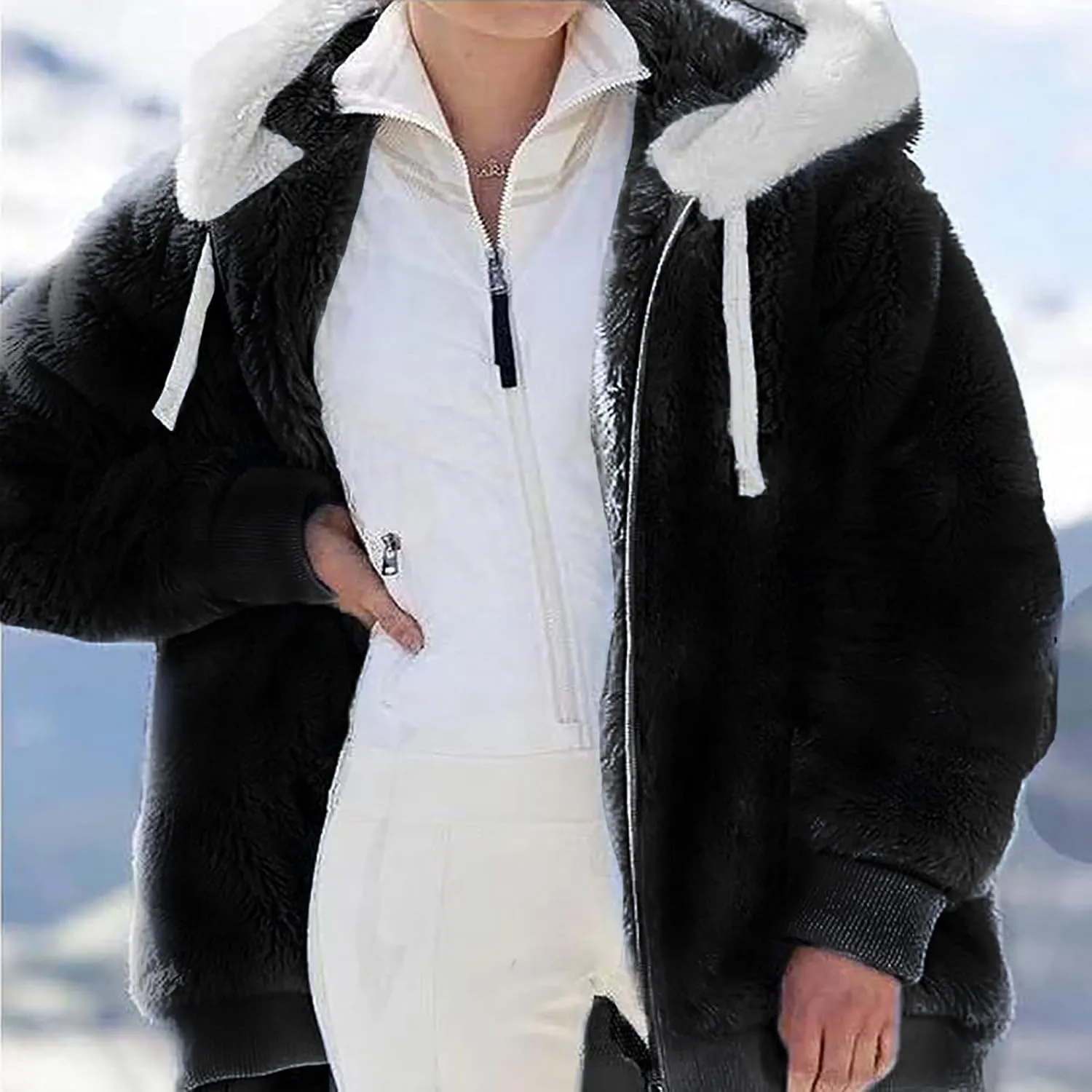 Winter Coats for Women Fuzzy Fleece Jacket Zipper Hooded Color Block Patchwork Cardigan Sherpa Outerwear with Pocket