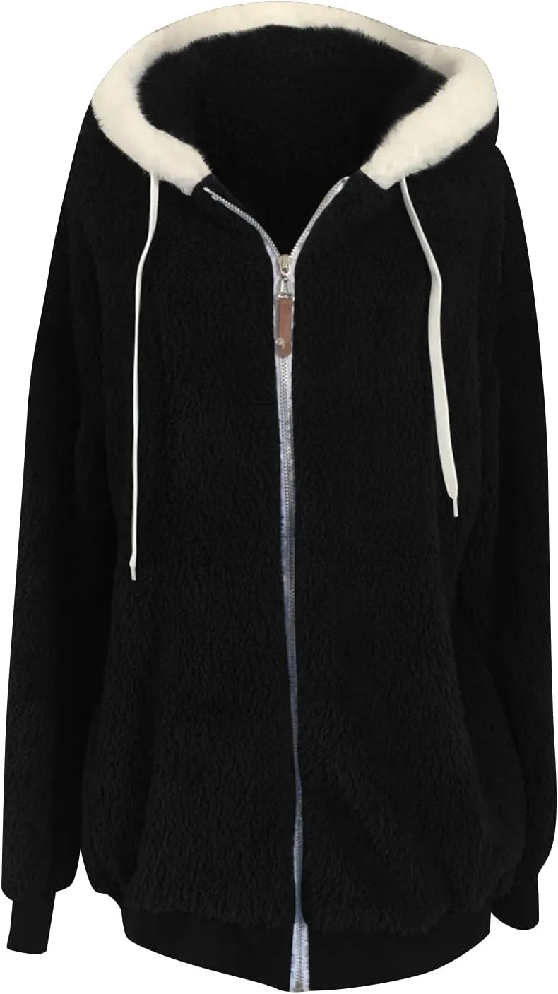 Winter Coats for Women Fuzzy Fleece Jacket Zipper Hooded Color Block Patchwork Cardigan Sherpa Outerwear with Pocket