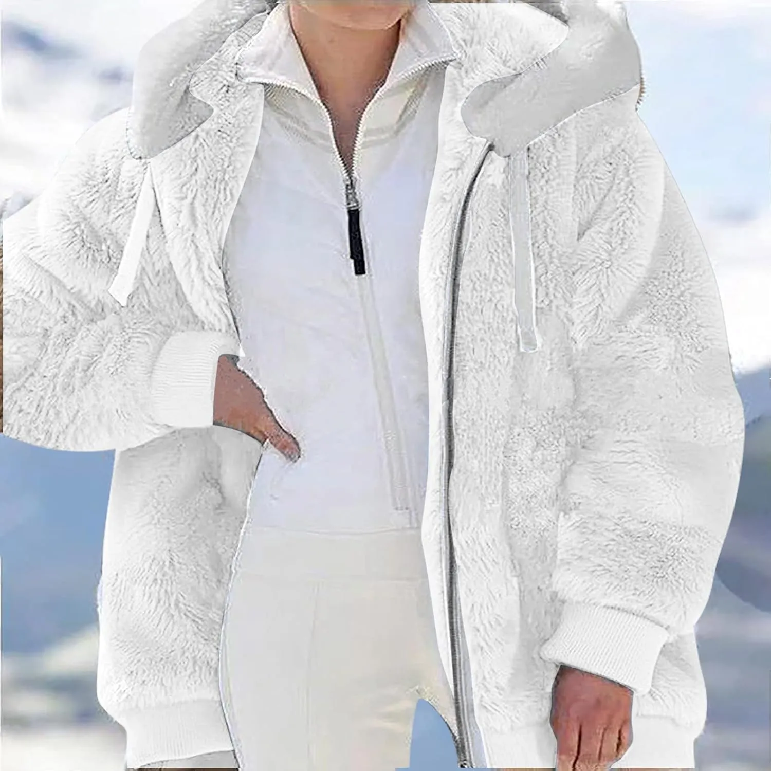 Winter Coats for Women Fuzzy Fleece Jacket Zipper Hooded Color Block Patchwork Cardigan Sherpa Outerwear with Pocket