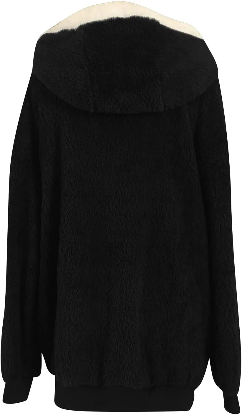 Winter Coats for Women Fuzzy Fleece Jacket Zipper Hooded Color Block Patchwork Cardigan Sherpa Outerwear with Pocket