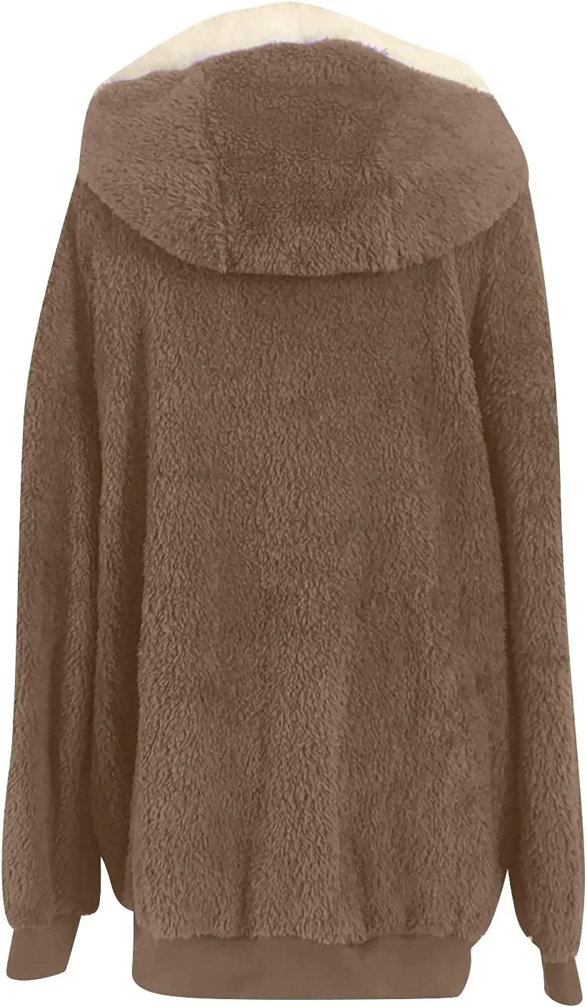 Winter Coats for Women Fuzzy Fleece Jacket Zipper Hooded Color Block Patchwork Cardigan Sherpa Outerwear with Pocket