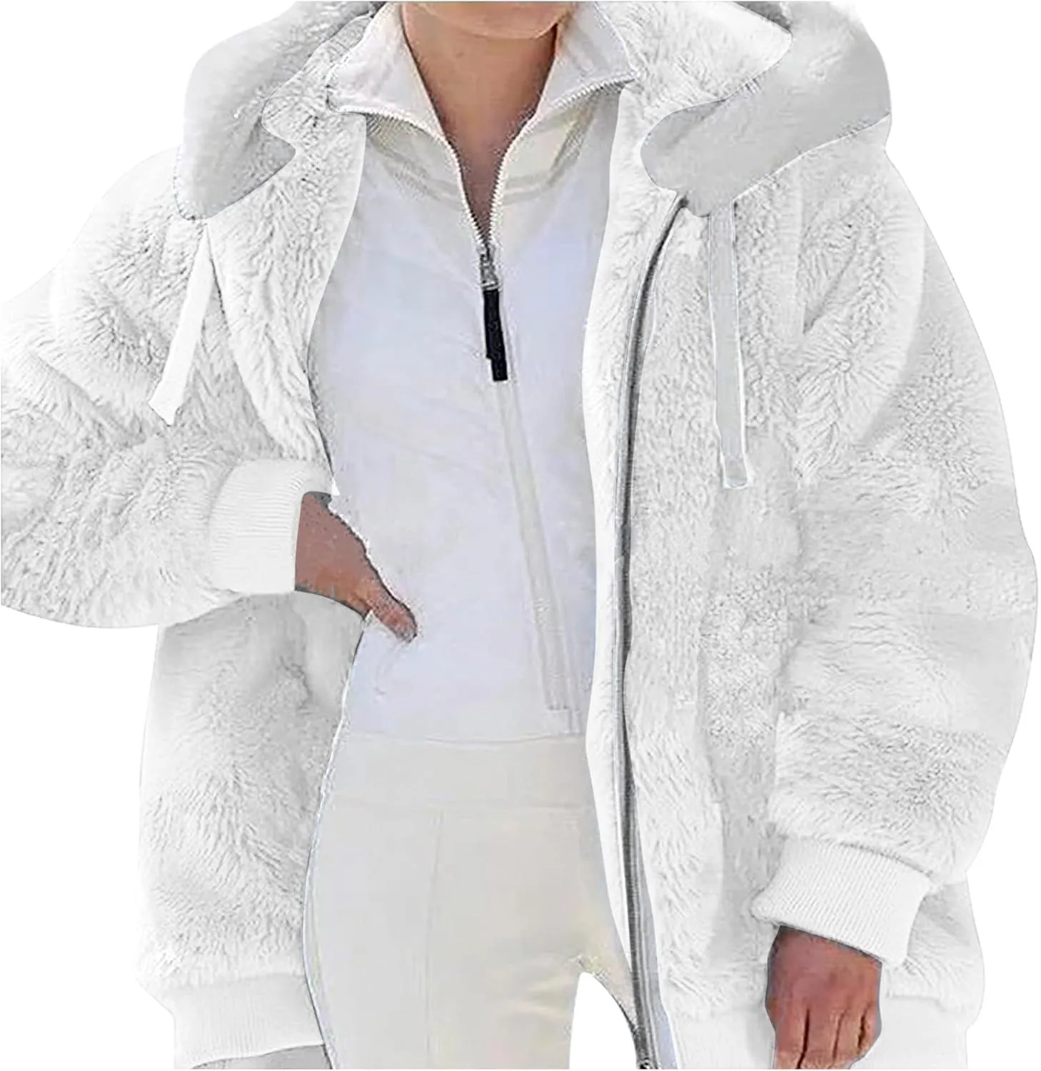 Winter Coats for Women Fuzzy Fleece Jacket Zipper Hooded Color Block Patchwork Cardigan Sherpa Outerwear with Pocket