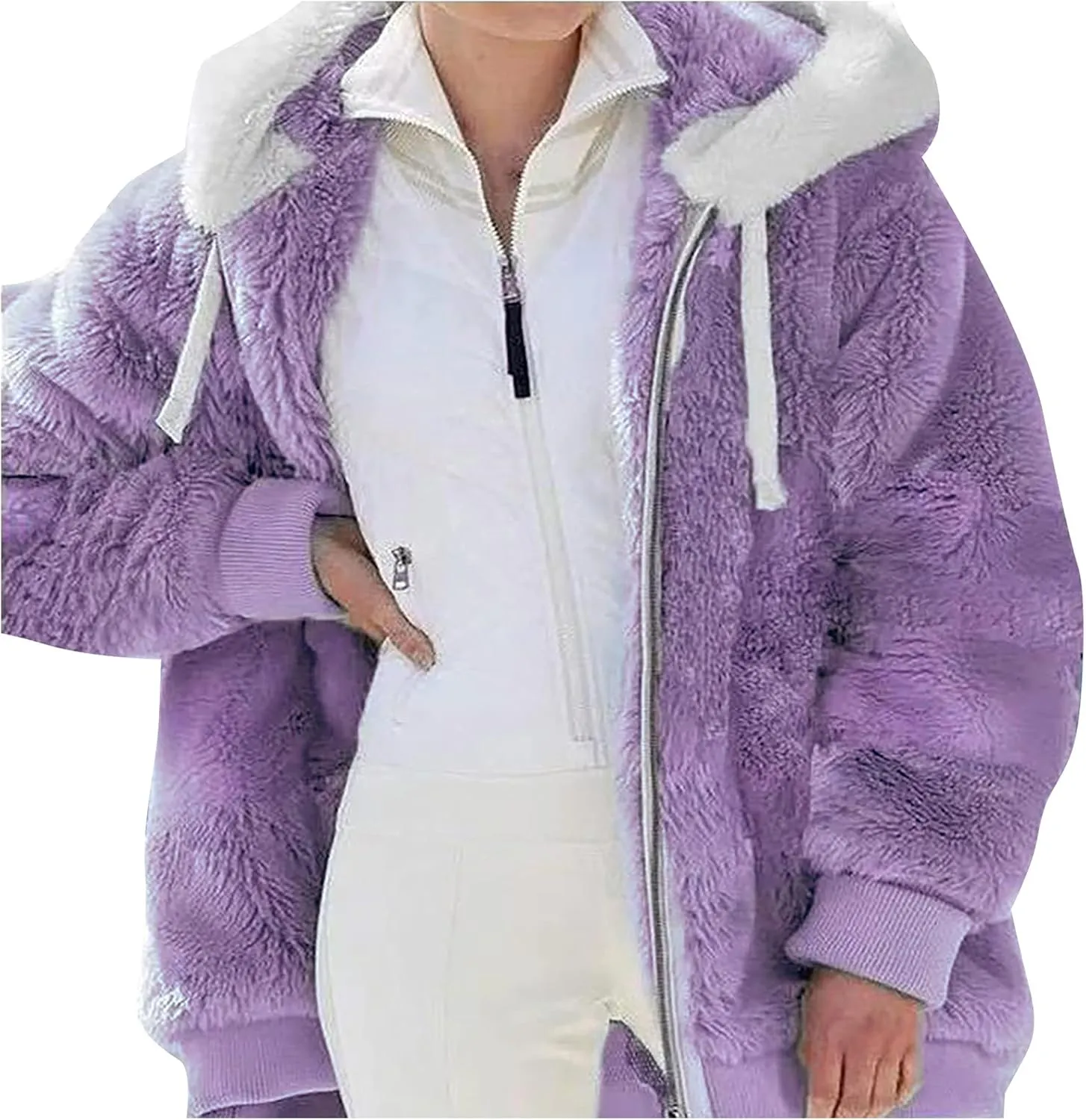 Winter Coats for Women Fuzzy Fleece Jacket Zipper Hooded Color Block Patchwork Cardigan Sherpa Outerwear with Pocket