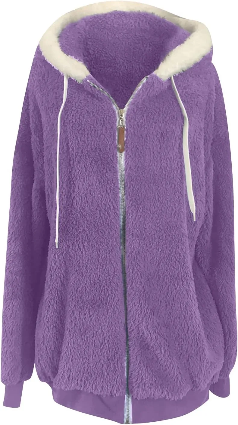 Winter Coats for Women Fuzzy Fleece Jacket Zipper Hooded Color Block Patchwork Cardigan Sherpa Outerwear with Pocket