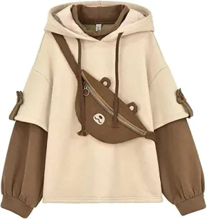 Wkishenl Cute Bear Hoodies for Womens Kawaii Clothes Long Sleeve Aesthetic Sweatshirts Patchwork Shirts with Personality Bag