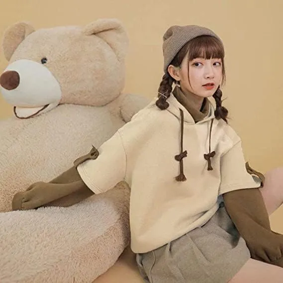 Wkishenl Cute Bear Hoodies for Womens Kawaii Clothes Long Sleeve Aesthetic Sweatshirts Patchwork Shirts with Personality Bag