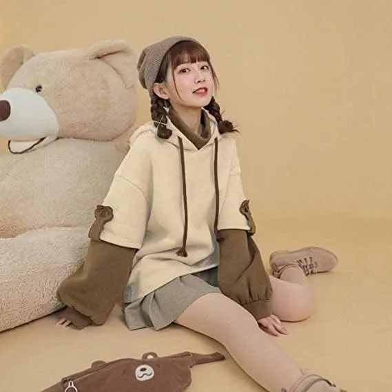 Wkishenl Cute Bear Hoodies for Womens Kawaii Clothes Long Sleeve Aesthetic Sweatshirts Patchwork Shirts with Personality Bag