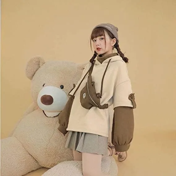 Wkishenl Cute Bear Hoodies for Womens Kawaii Clothes Long Sleeve Aesthetic Sweatshirts Patchwork Shirts with Personality Bag