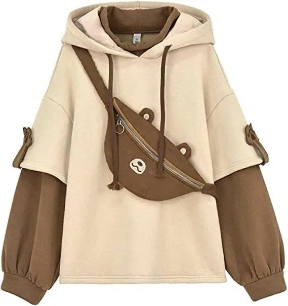Wkishenl Cute Bear Hoodies for Womens Kawaii Clothes Long Sleeve Aesthetic Sweatshirts Patchwork Shirts with Personality Bag