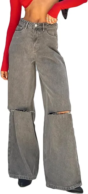 Women Baggy Y2K Jeans Vintage Low Waisted Straight Leg Denim Pants E-Girl Streetwear Clubwear