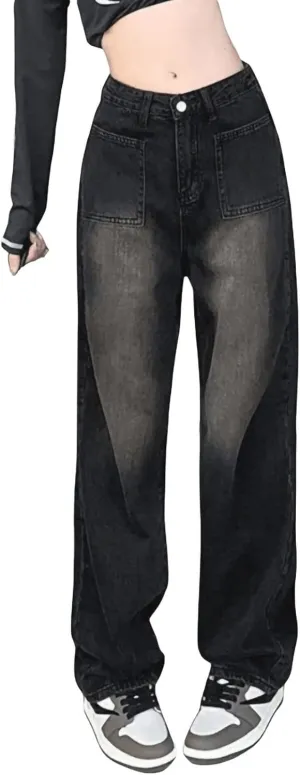 Women Baggy Y2K Jeans Vintage Low Waisted Straight Leg Denim Pants E-Girl Streetwear Clubwear