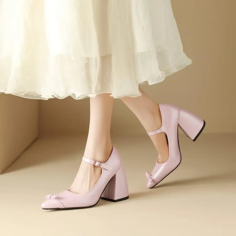 Women Bow Mary Jane Pumps Pointed Toe Flare Heels with Belt Buckles