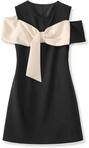 Women Bow Patchwork Mini Dress Casual Crew Neck Short Sleeve Party A-Line Dresses