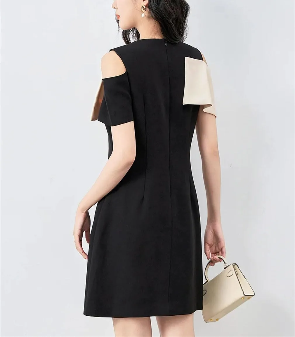 Women Bow Patchwork Mini Dress Casual Crew Neck Short Sleeve Party A-Line Dresses