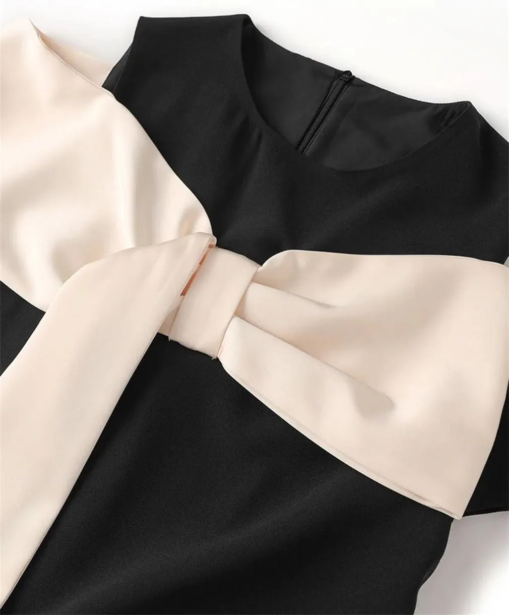 Women Bow Patchwork Mini Dress Casual Crew Neck Short Sleeve Party A-Line Dresses