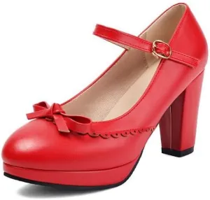 Women Bow Platform Mary Jane Pumps Round Toe Chunky High Heels with Belt Buckles