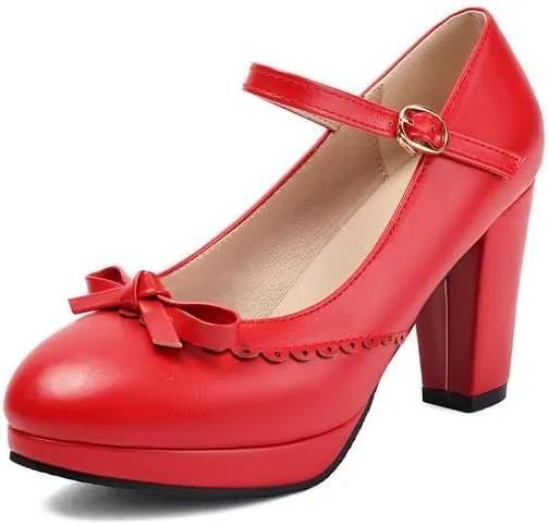 Women Bow Platform Mary Jane Pumps Round Toe Chunky High Heels with Belt Buckles