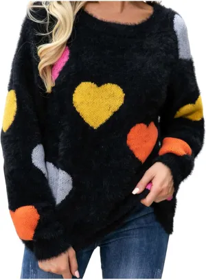 Women Crewneck Long Sleeve Sweaters Casual Loose Comfy Fuzzy Knit Chunky Warm Pullover Cute Heart Graphic Sweater Top