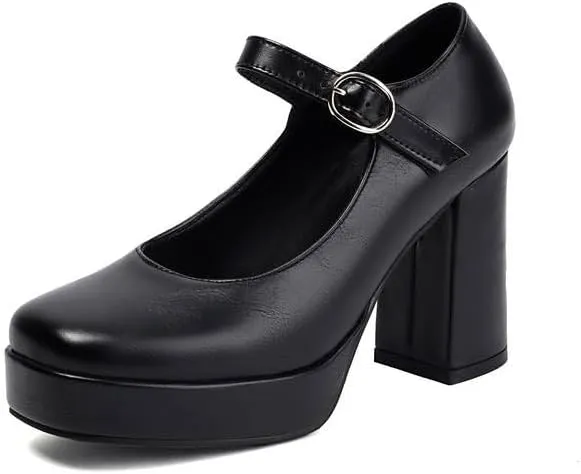 Women Elegant Platform Mary Jane Pumps Square Toe High Block Heels with Belt Buckles