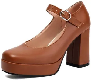Women Elegant Platform Mary Jane Pumps Square Toe High Block Heels with Belt Buckles