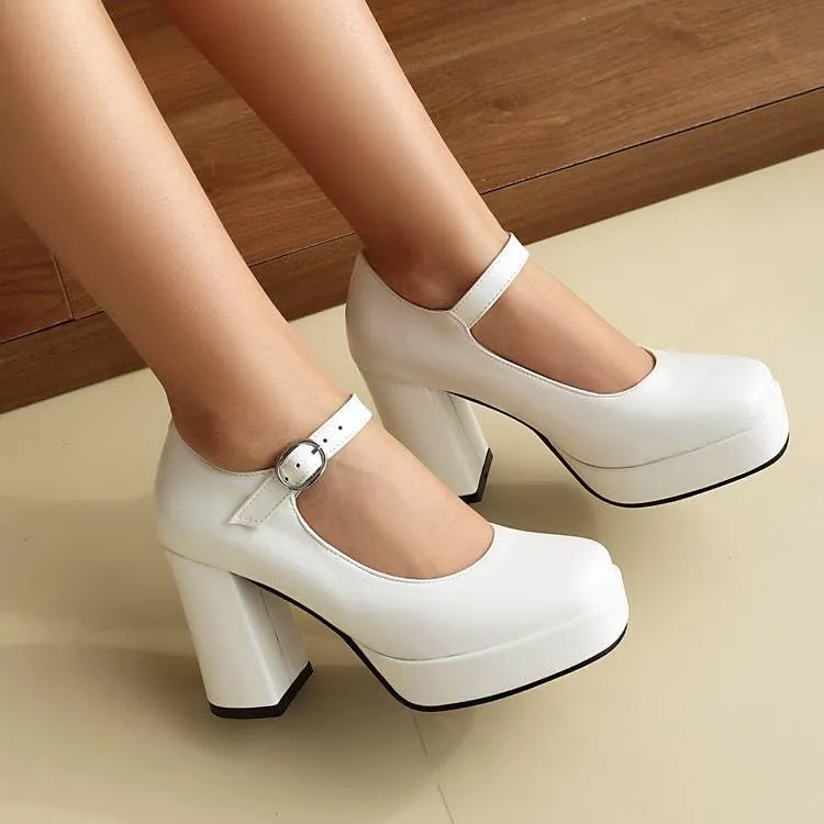 Women Elegant Platform Mary Jane Pumps Square Toe High Block Heels with Belt Buckles