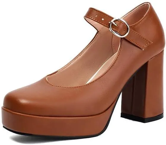 Women Elegant Platform Mary Jane Pumps Square Toe High Block Heels with Belt Buckles