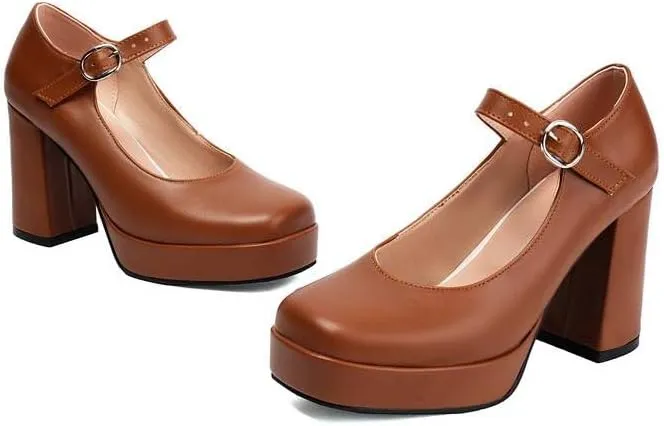 Women Elegant Platform Mary Jane Pumps Square Toe High Block Heels with Belt Buckles