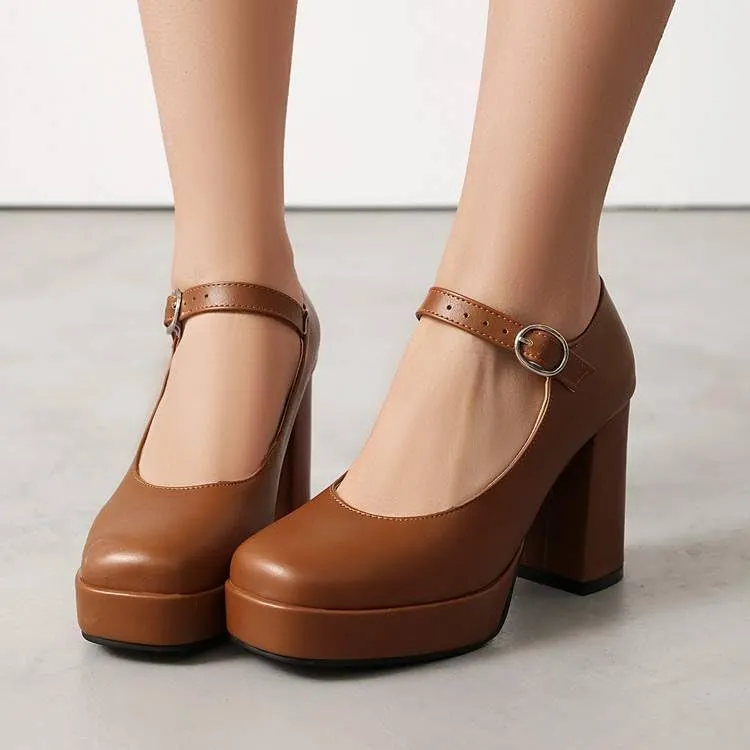 Women Elegant Platform Mary Jane Pumps Square Toe High Block Heels with Belt Buckles
