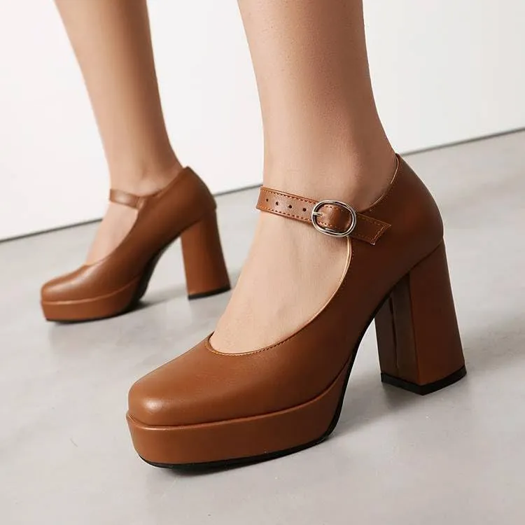 Women Elegant Platform Mary Jane Pumps Square Toe High Block Heels with Belt Buckles