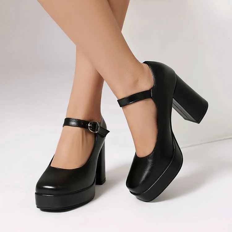 Women Elegant Platform Mary Jane Pumps Square Toe High Block Heels with Belt Buckles
