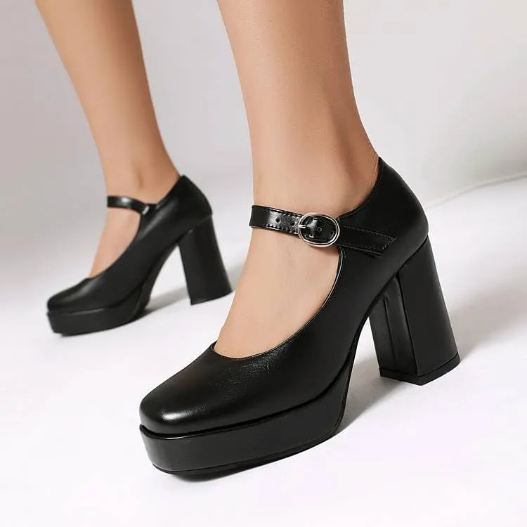 Women Elegant Platform Mary Jane Pumps Square Toe High Block Heels with Belt Buckles
