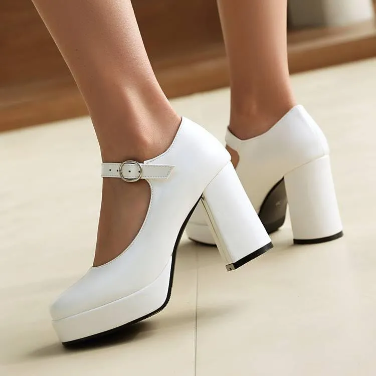 Women Elegant Platform Mary Jane Pumps Square Toe High Block Heels with Belt Buckles