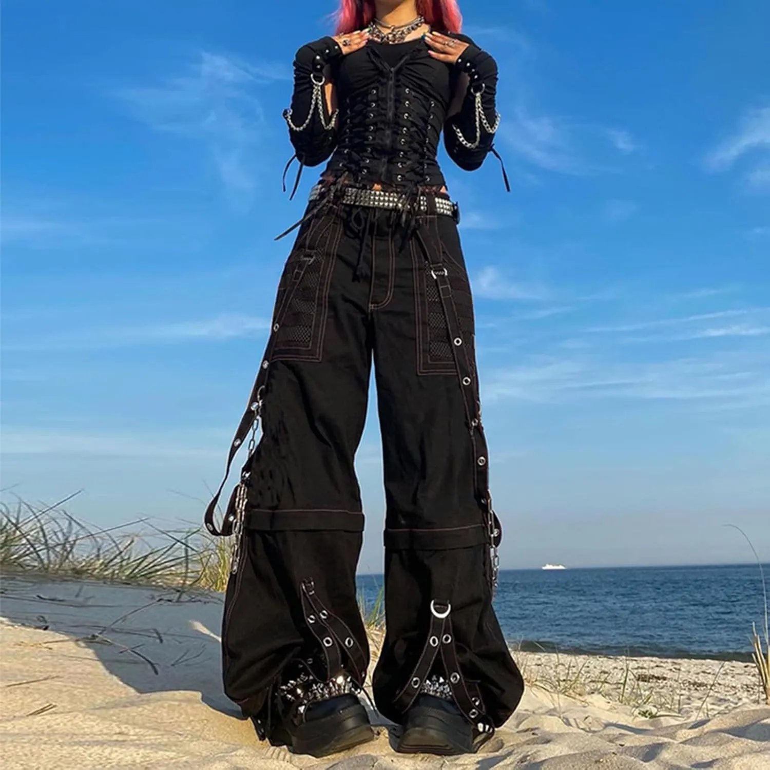Women Emo Goth Baggy Pants Hip Hop Jeans Y2K Punk Scene High Waisted Wide Leg Denim Pants Streetwear