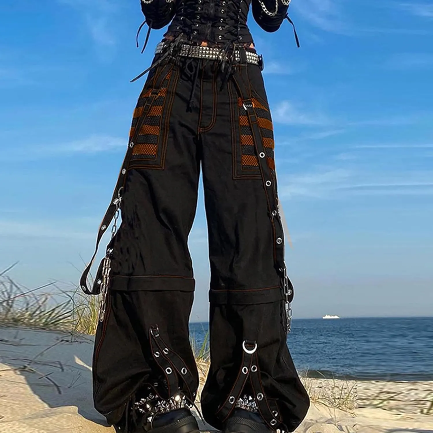 Women Emo Goth Baggy Pants Hip Hop Jeans Y2K Punk Scene High Waisted Wide Leg Denim Pants Streetwear