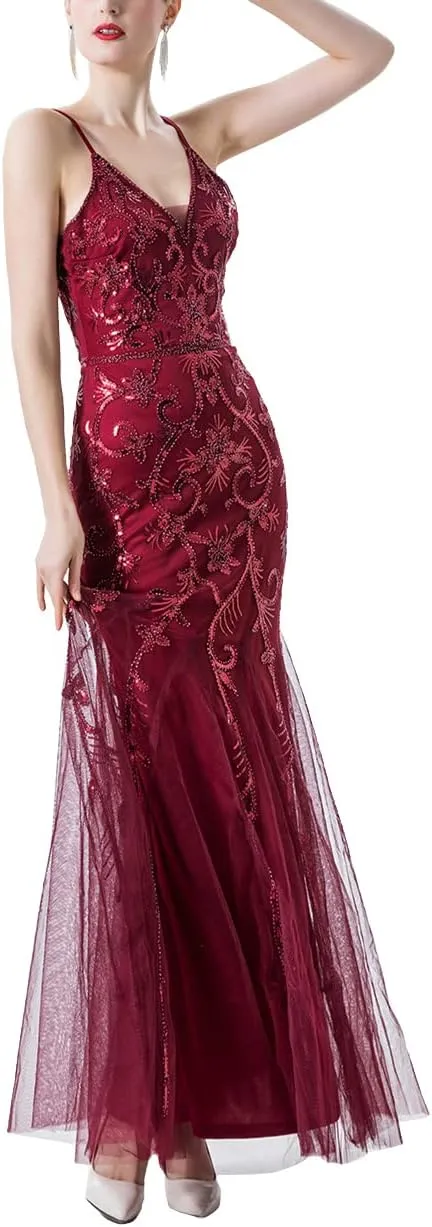 Women Evening Dress 1920s Flapper Cocktail Mermaid Plus Size Formal Gown with Long Gloves