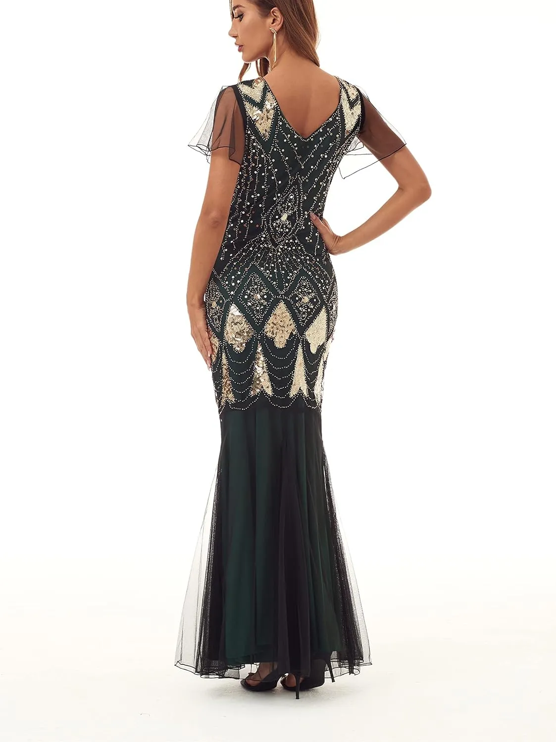 Women Evening Dress 1920s Flapper Cocktail Mermaid Plus Size Formal Gown with Long Gloves