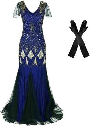 Women Evening Dress 1920s Flapper Cocktail Mermaid Plus Size Formal Gown with Long Gloves