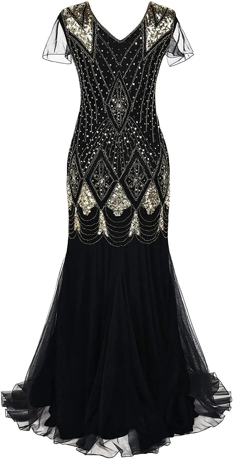 Women Evening Dress 1920s Flapper Cocktail Mermaid Plus Size Formal Gown with Long Gloves