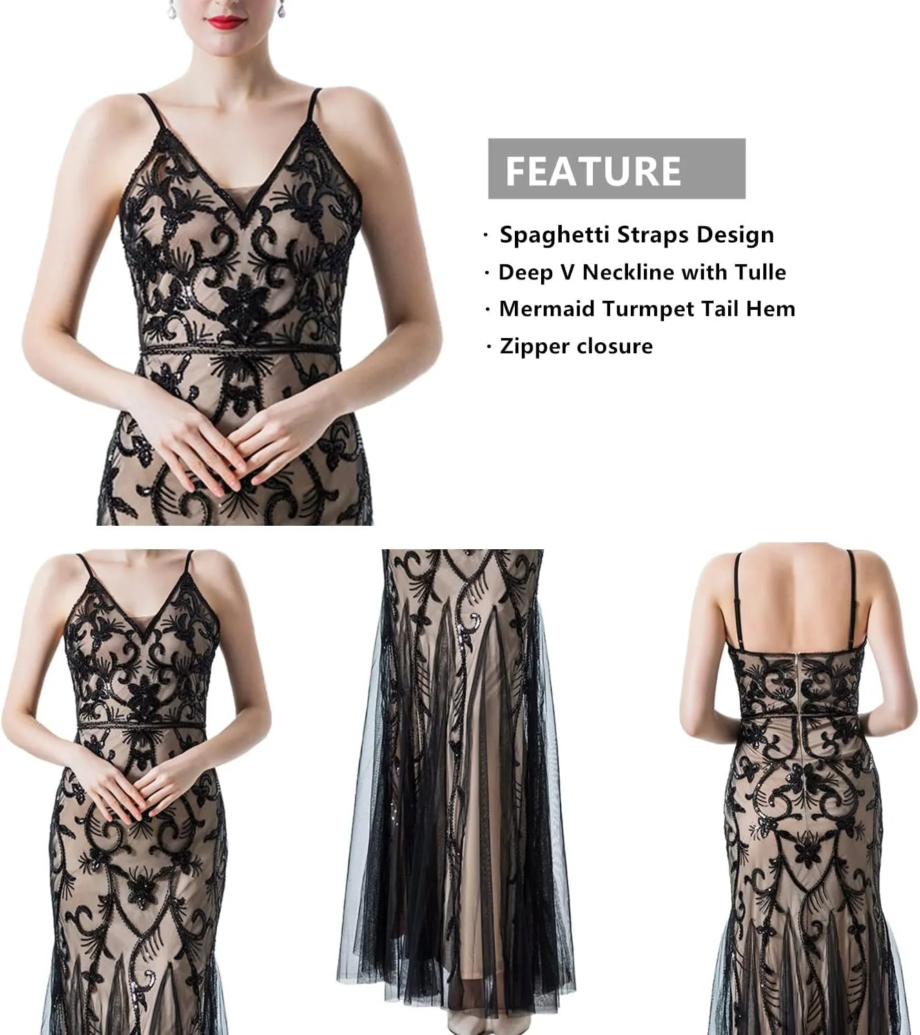Women Evening Dress 1920s Flapper Cocktail Mermaid Plus Size Formal Gown with Long Gloves