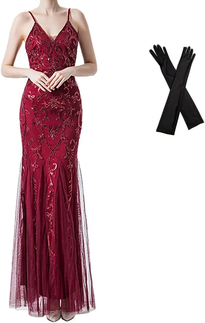 Women Evening Dress 1920s Flapper Cocktail Mermaid Plus Size Formal Gown with Long Gloves