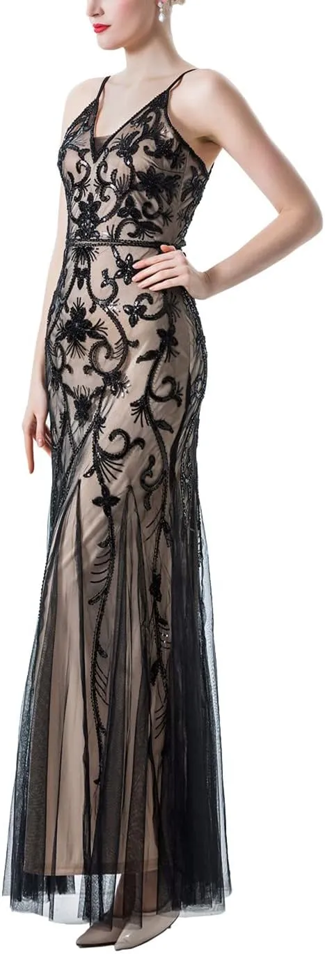 Women Evening Dress 1920s Flapper Cocktail Mermaid Plus Size Formal Gown with Long Gloves