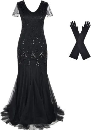 Women Evening Dress 1920s Flapper Cocktail Mermaid Plus Size Formal Gown with Long Gloves