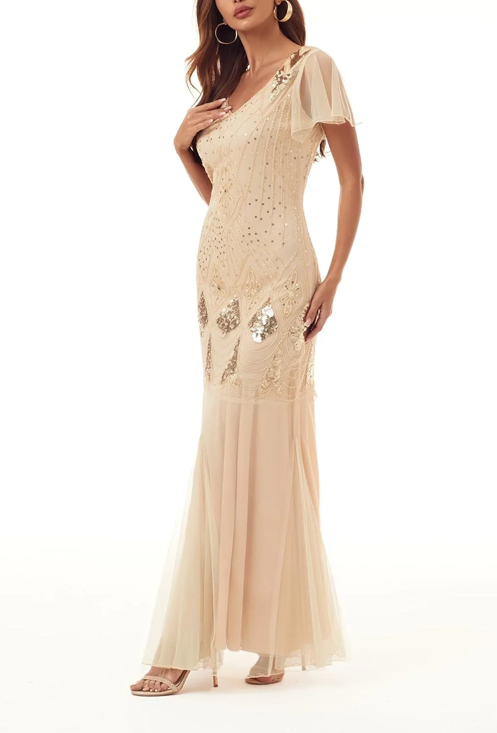 Women Evening Dress 1920s Flapper Cocktail Mermaid Plus Size Formal Gown with Long Gloves
