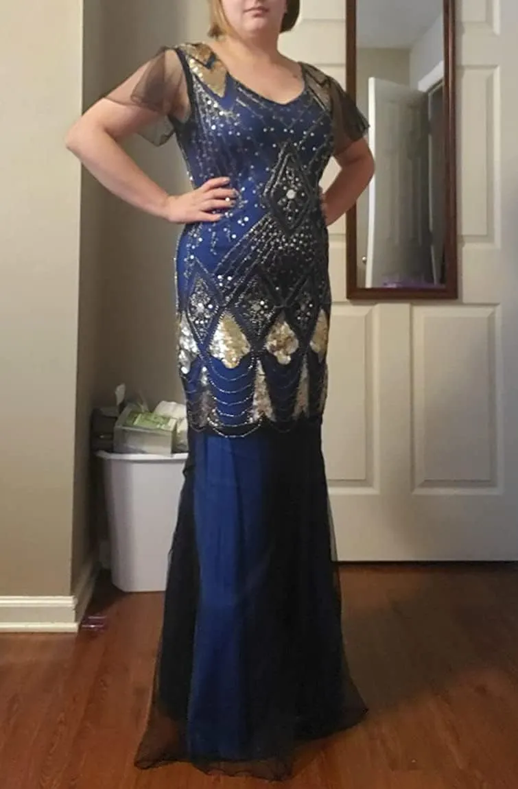 Women Evening Dress 1920s Flapper Cocktail Mermaid Plus Size Formal Gown with Long Gloves